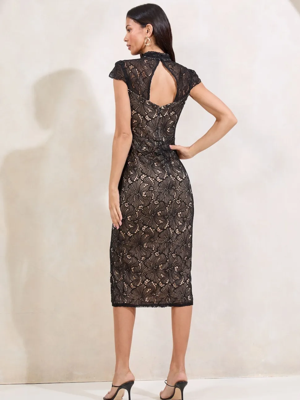 Lipsy Black Lace Short Sleeve Bodycon Midi Dress