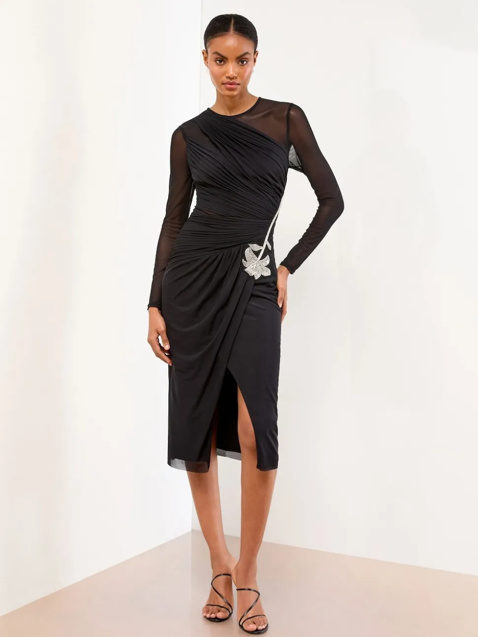 Lipsy Black Long Sleeve Embellished Trim Mesh Bodycon Midi Dress