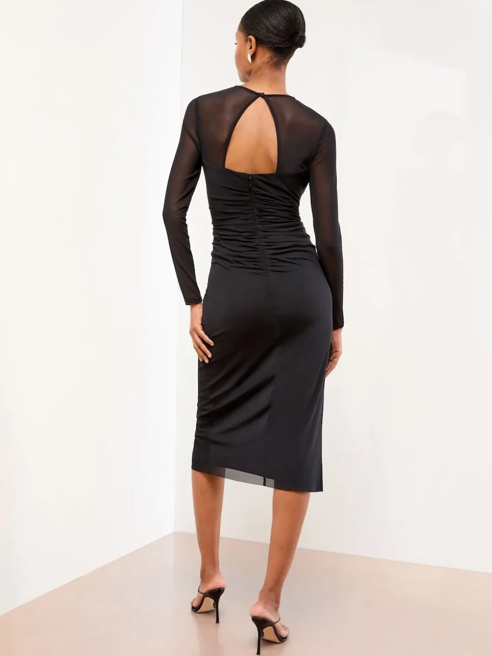 Lipsy Black Long Sleeve Embellished Trim Mesh Bodycon Midi Dress