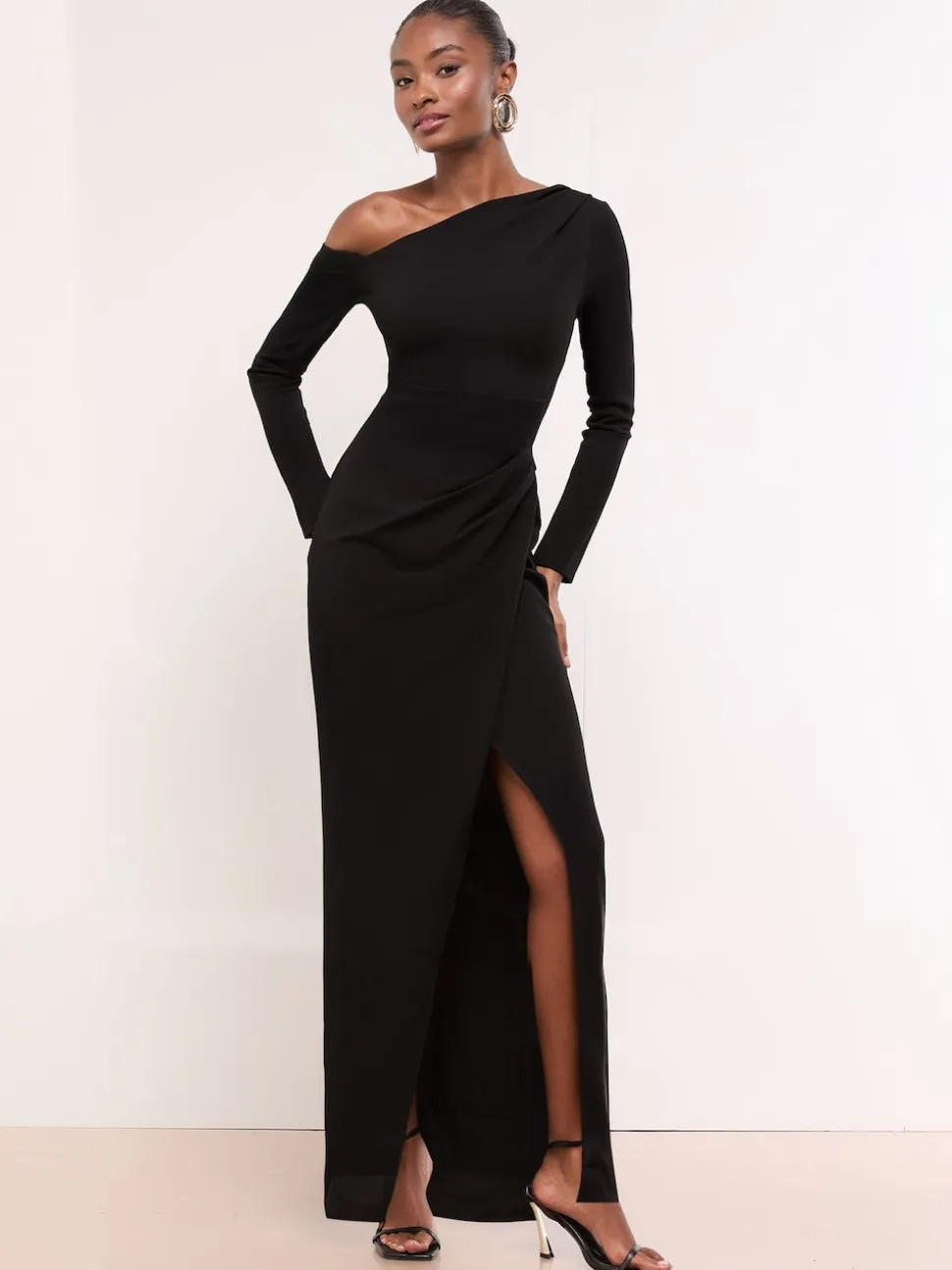 Lipsy Black Long Sleeve Off The Shoulder Gathered Waist Maxi Dress