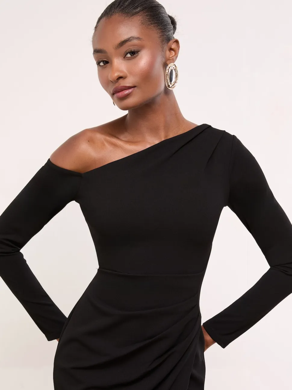 Lipsy Black Long Sleeve Off The Shoulder Gathered Waist Maxi Dress