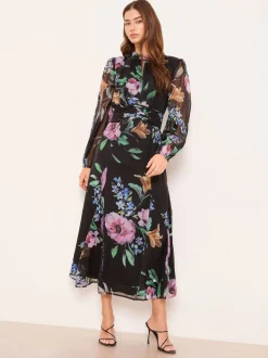 Lipsy Black Long Sleeve Woven Floral Midi Dress