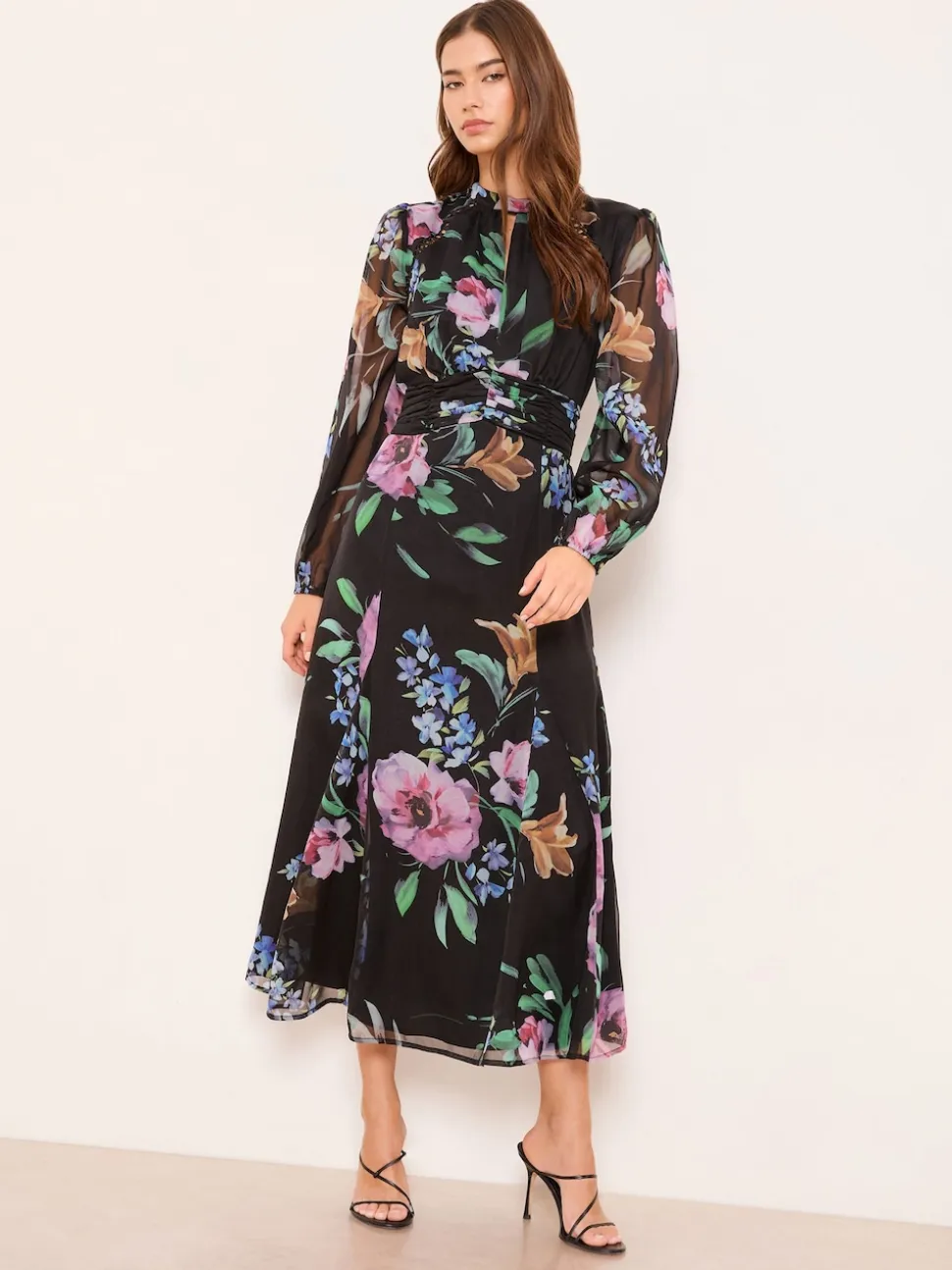 Lipsy Black Long Sleeve Woven Floral Midi Dress