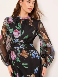 Lipsy Black Long Sleeve Woven Floral Midi Dress
