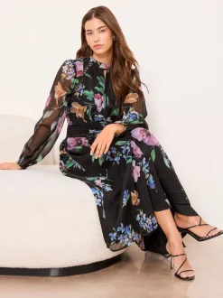 Lipsy Black Long Sleeve Woven Floral Midi Dress
