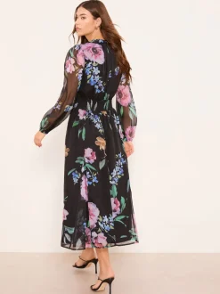 Lipsy Black Long Sleeve Woven Floral Midi Dress
