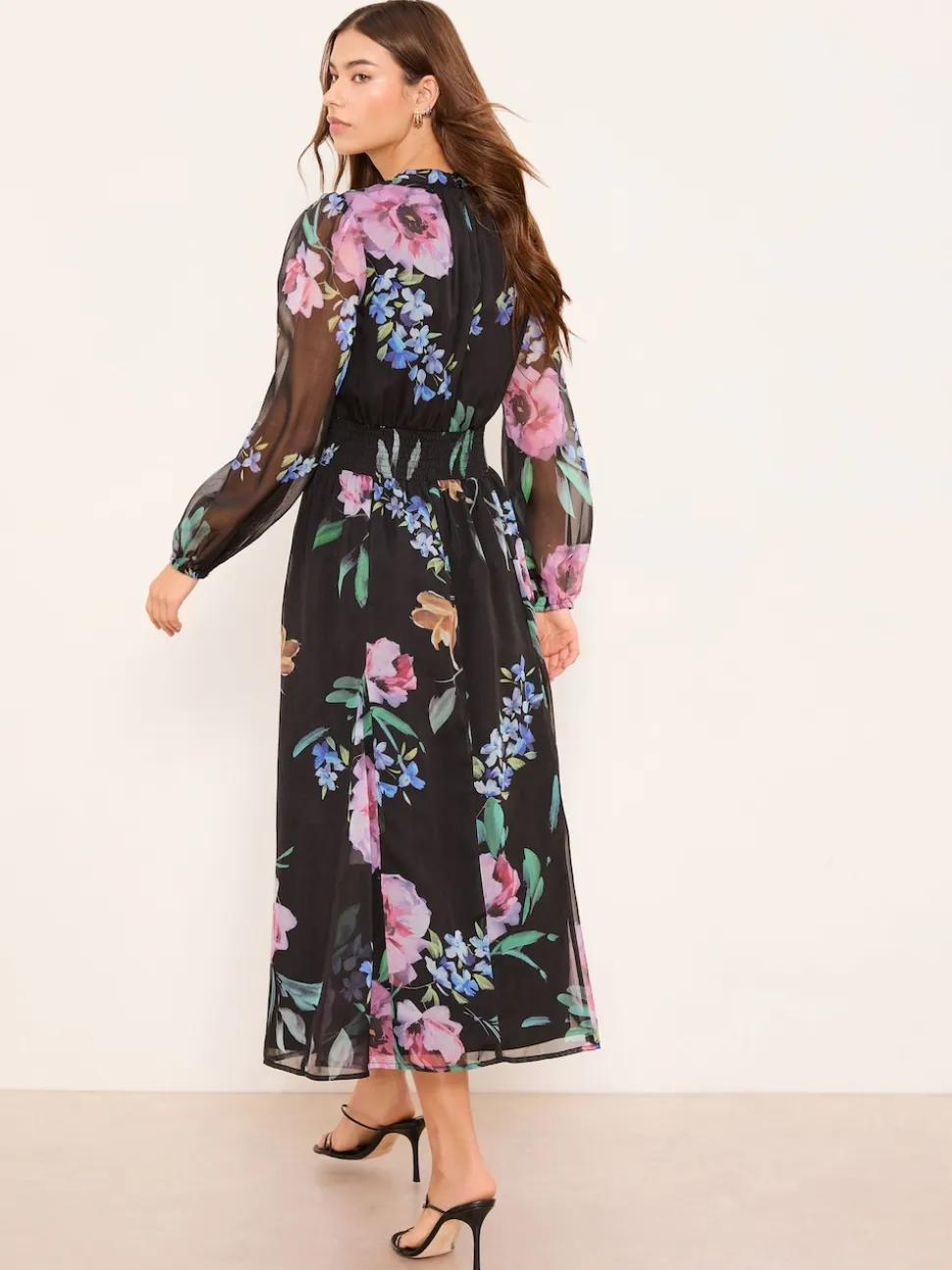 Lipsy Black Long Sleeve Woven Floral Midi Dress
