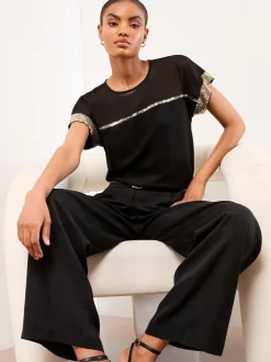 Lipsy Black Mesh Gold Sequin Crew Neck T-Shirt