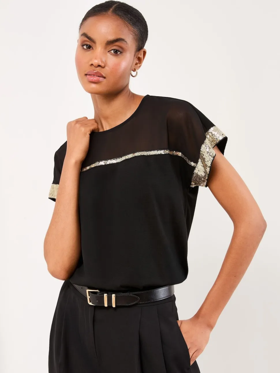 Lipsy Black Mesh Gold Sequin Crew Neck T-Shirt