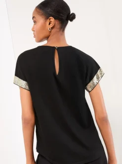 Lipsy Black Mesh Gold Sequin Crew Neck T-Shirt
