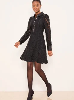 Lipsy Black Mini All-Over Lace Long Sleeve Skater Dress