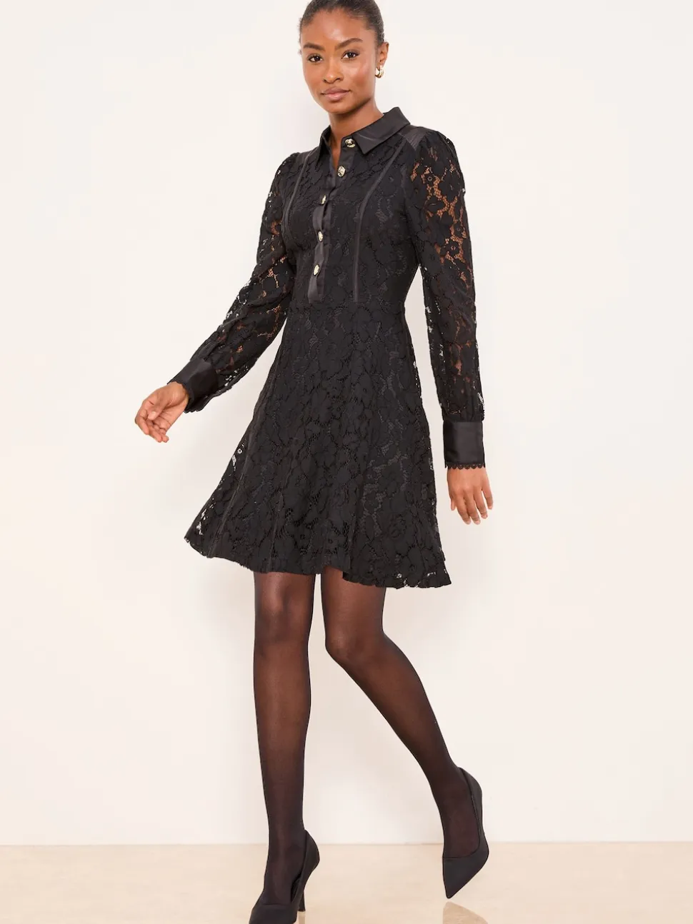 Lipsy Black Mini All-Over Lace Long Sleeve Skater Dress