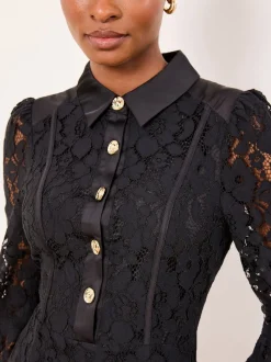 Lipsy Black Mini All-Over Lace Long Sleeve Skater Dress