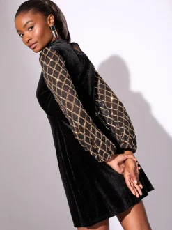 Lipsy Black Mini Velvet Sequin Detail Long Sleeve Shift Dress