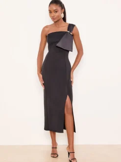 Lipsy Black One Shoulder Asym Bow Bodycon Midi Dress