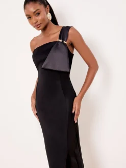 Lipsy Black One Shoulder Asym Bow Bodycon Midi Dress