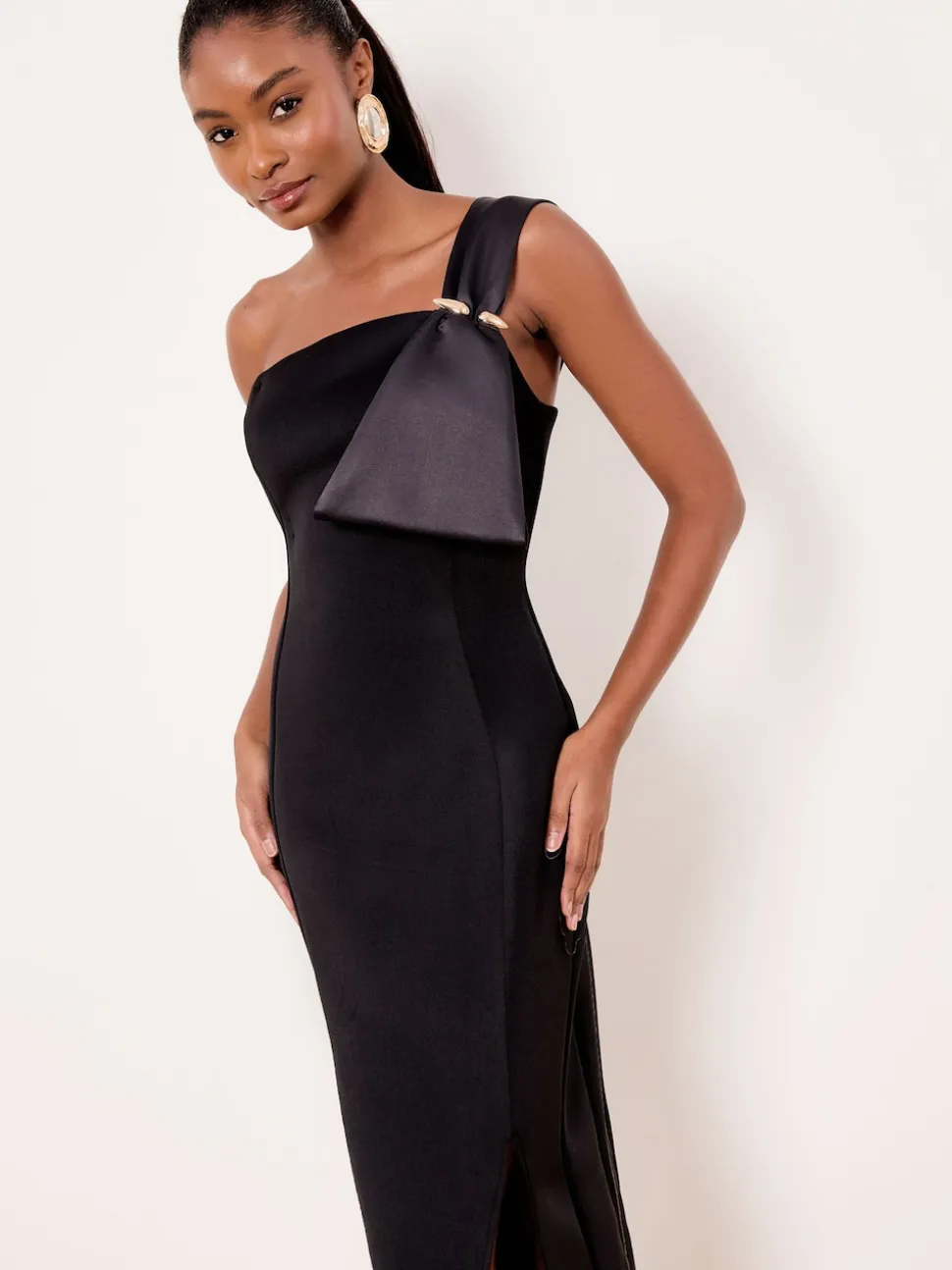 Lipsy Black One Shoulder Asym Bow Bodycon Midi Dress