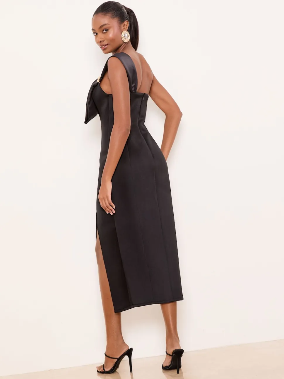 Lipsy Black One Shoulder Asym Bow Bodycon Midi Dress