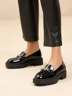 Lipsy Black Patent Standard Fit Chunky Snaffle Trim Detail Faux Leather Loafers