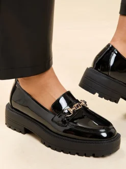 Lipsy Black Patent Standard Fit Chunky Snaffle Trim Detail Faux Leather Loafers