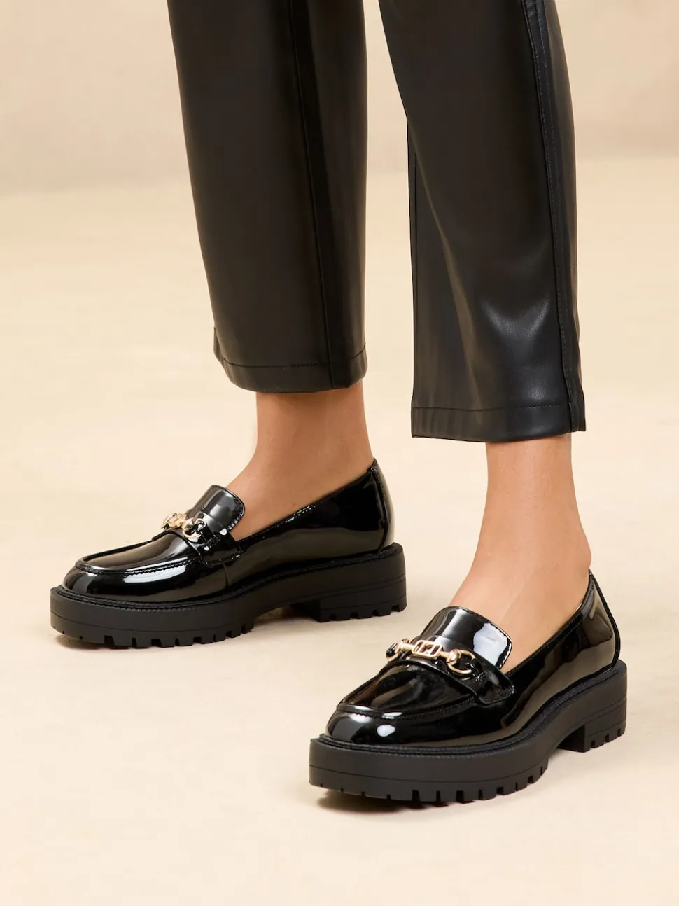 Lipsy Black Patent Wide Fit Chunky Snaffle Trim Detail Faux Leather Loafers