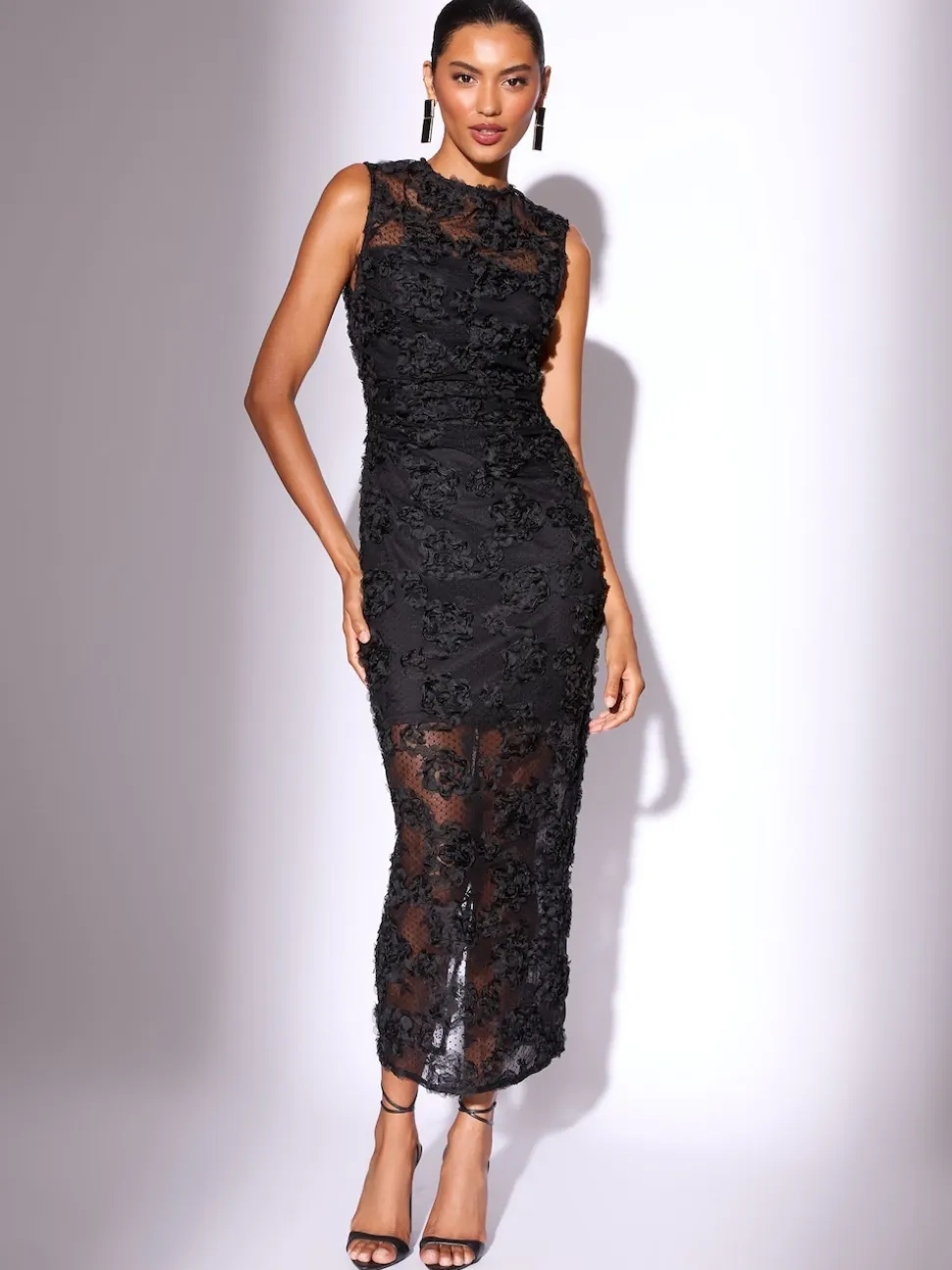 Lipsy Black Petite 3d Floral Mesh Midaxi Bodycon Dress