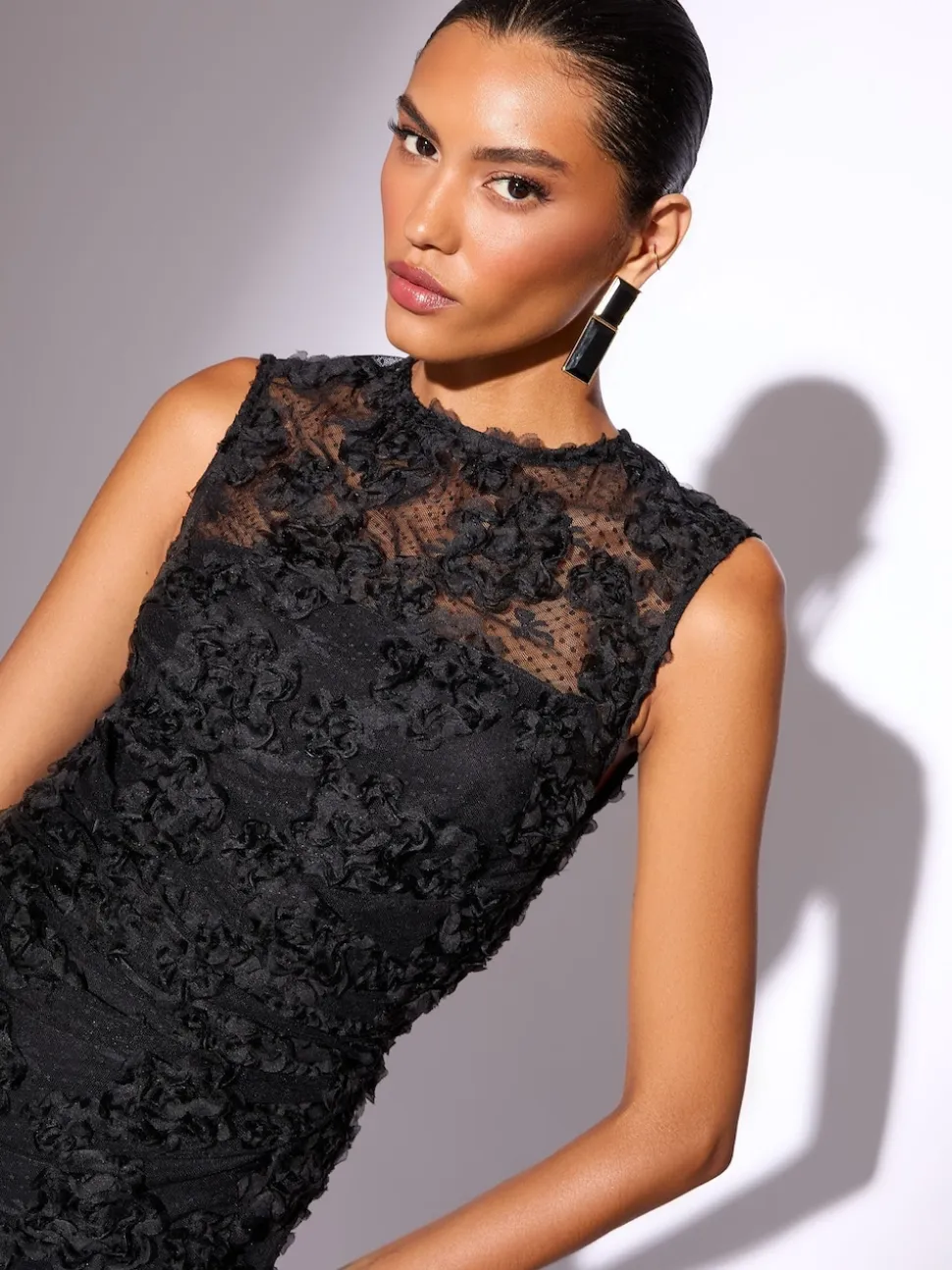 Lipsy Black Petite 3d Floral Mesh Midaxi Bodycon Dress