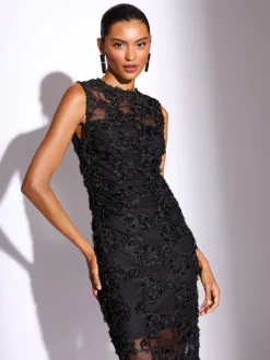 Lipsy Black Petite 3d Floral Mesh Midaxi Bodycon Dress
