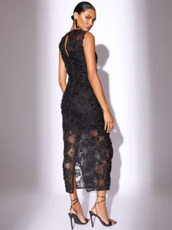 Lipsy Black Petite 3d Floral Mesh Midaxi Bodycon Dress