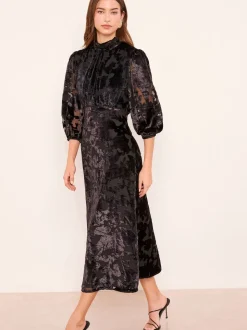 Lipsy Black Petite Devore Velvet Puff Sleeve Midi Dress
