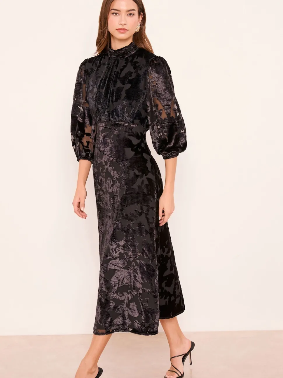 Lipsy Black Petite Devore Velvet Puff Sleeve Midi Dress