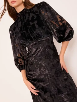 Lipsy Black Petite Devore Velvet Puff Sleeve Midi Dress