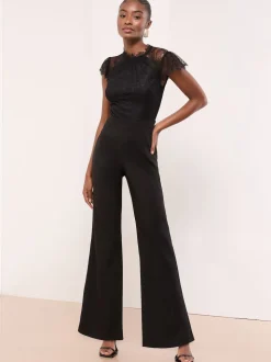 Lipsy Black Petite Lace High Neck Short Sleeve Jumpsuit