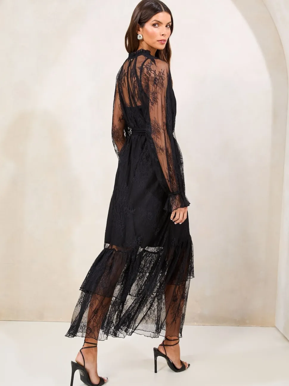 Lipsy Black Petite Lace Ruffle Long Sleeve Midi Dress