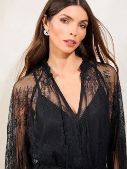 Lipsy Black Petite Lace Ruffle Long Sleeve Midi Dress