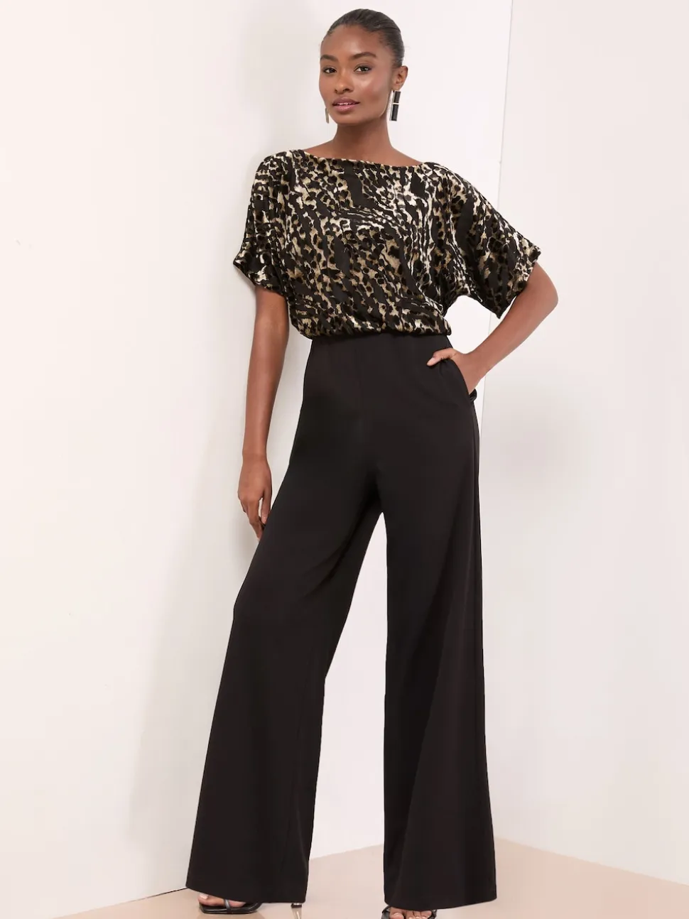 Lipsy Black Petite Leopard Print Sleeveless Cowl Neck Jumpsuit