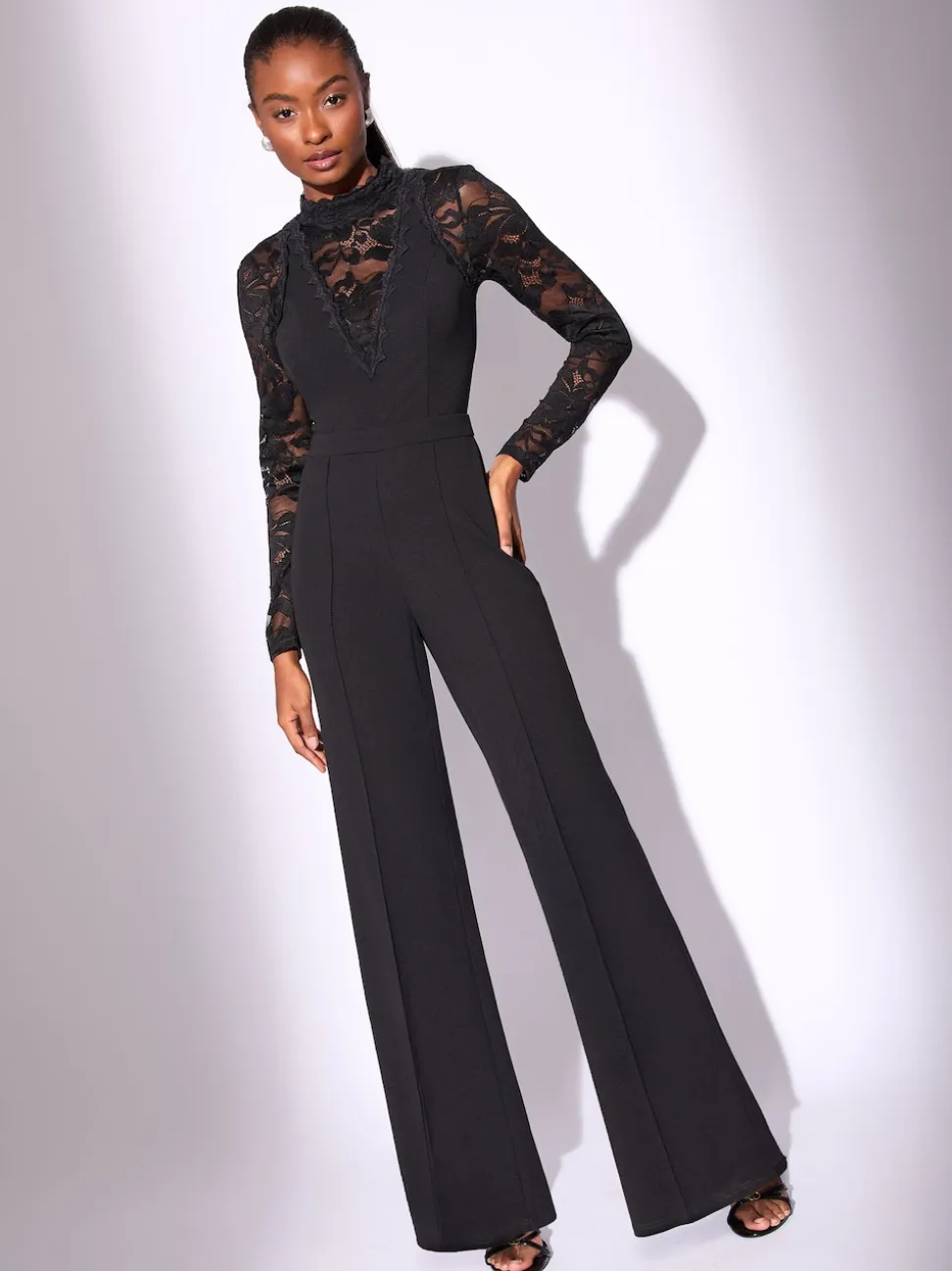Lipsy Black Petite Long Sleeve Lace High Neck Jumpsuit
