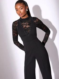 Lipsy Black Petite Long Sleeve Lace High Neck Jumpsuit