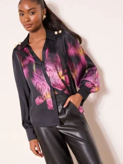 Lipsy Black Pink Floral Print Military Button Detail Satin Shirt