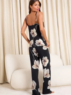 Lipsy Black Poppy Print Cami and Trousers Jersey Pyjamas Set