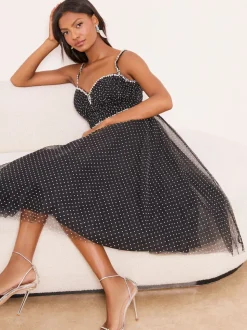 Lipsy Black Premium Diamonte Embellished Spot Strappy Prom Midi Dress