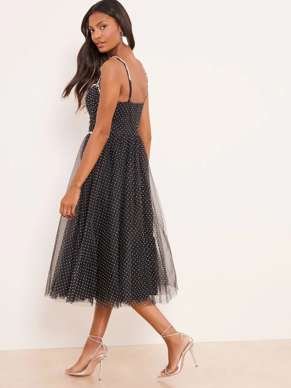 Lipsy Black Premium Diamonte Embellished Spot Strappy Prom Midi Dress