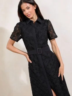 Lipsy Black Premium Lace Belted Shirt Dress