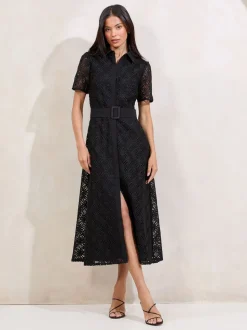 Lipsy Black Premium Lace Belted Shirt Dress