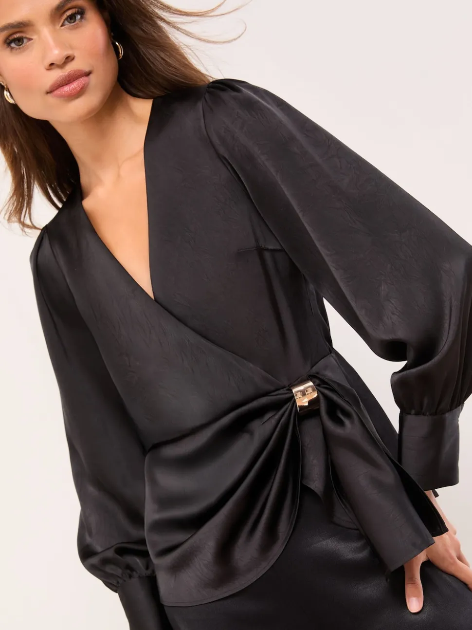Lipsy Black Satin Hardware Detail Wrap Top