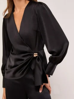 Lipsy Black Satin Hardware Detail Wrap Top