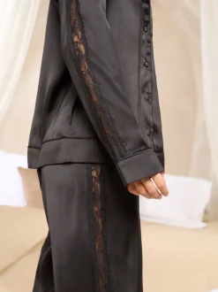 Lipsy Black Satin Long Sleeve Pyjamas Set with Lace Details