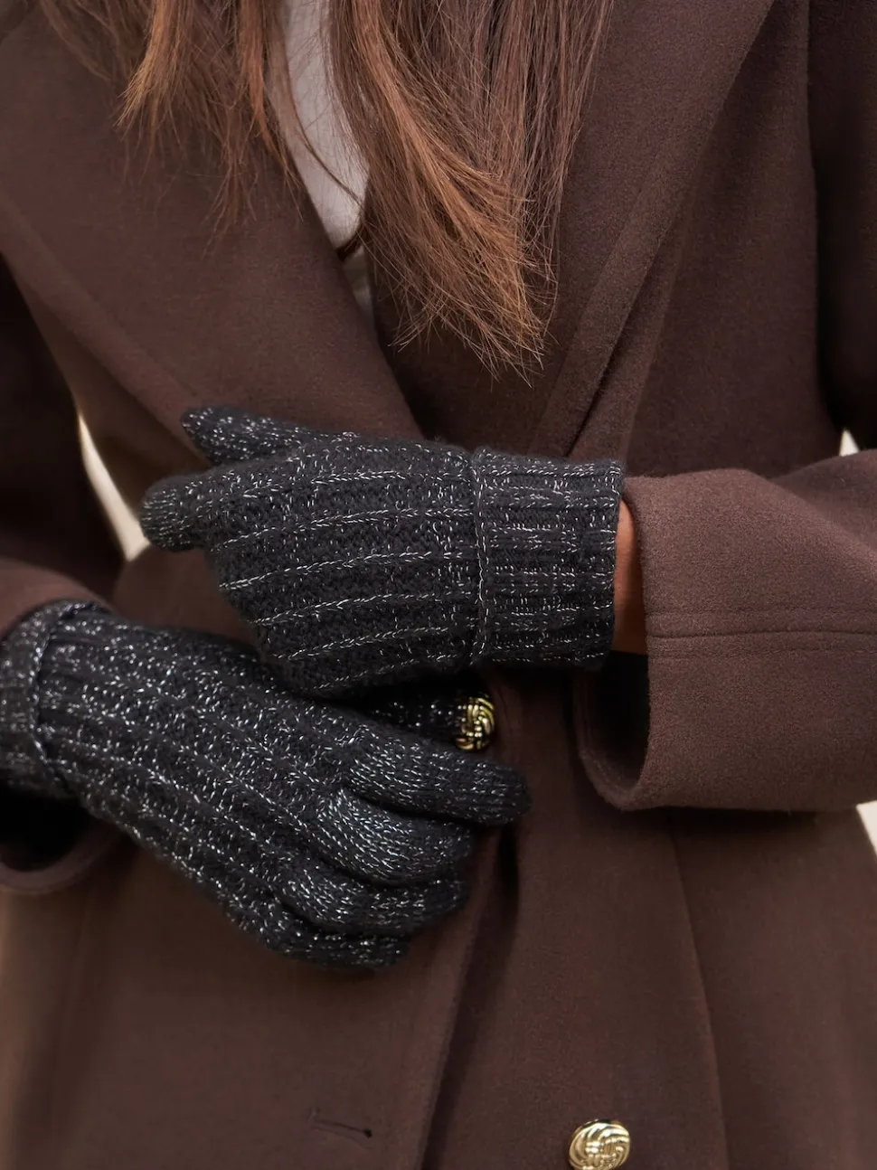 Lipsy Black Shimmer Ribbed Knitted Gloves