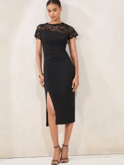 Lipsy Black Short Sleeve Lace Mix Bodycon Midi Dress