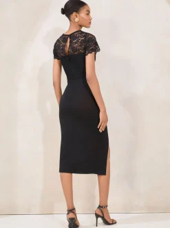 Lipsy Black Short Sleeve Lace Mix Bodycon Midi Dress